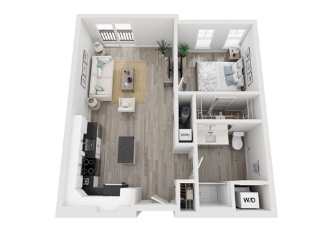 Floor plan for 1 bed, 1 bath, 750 sqft